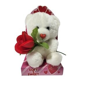 DanDee White Teddy Bear Red Rose Valentine Gift Love Stuffed Animal "Vintage"